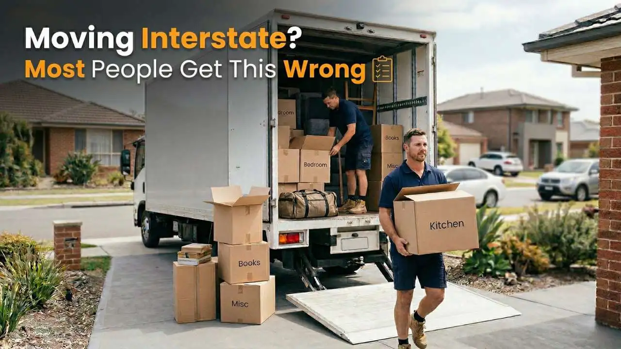 Professional removalists loading boxes into a truck during an interstate move from Sydney with a moving checklist