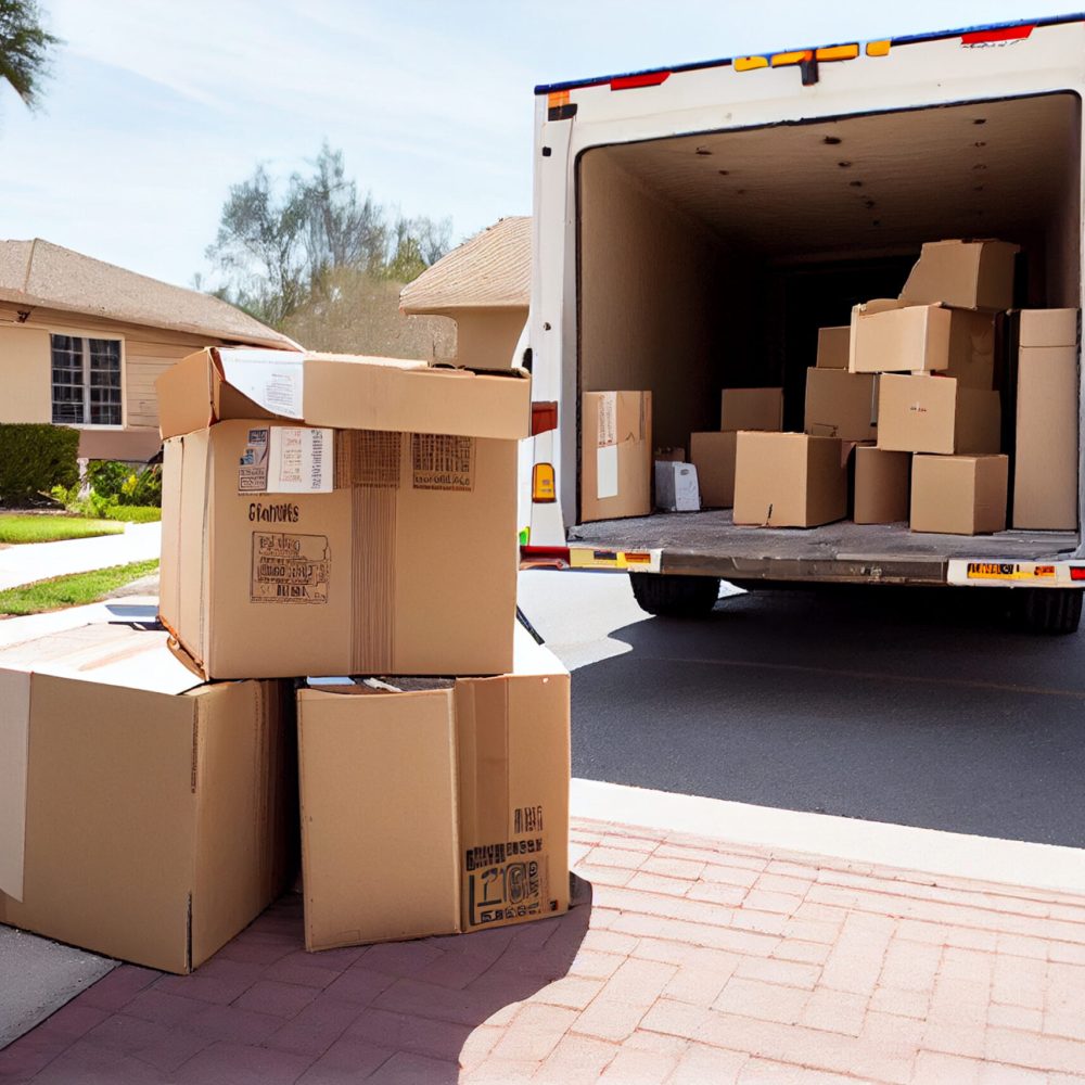 Moving truck is parked on the side of a building loading or unloading cartons. Ai generative